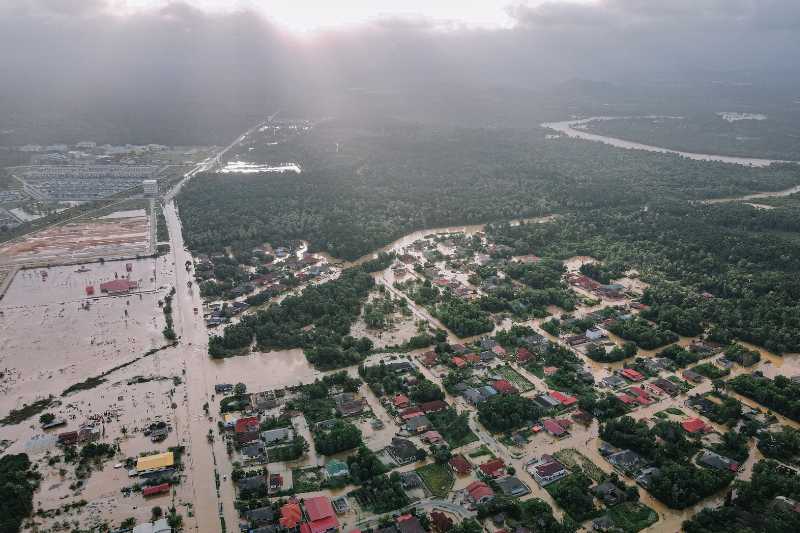 arial shot of city with massive flooding
